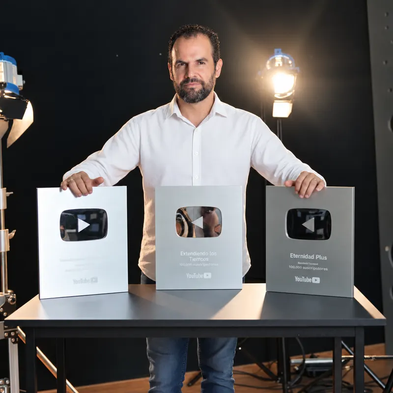 Andrés Figueroa con tres placas de YouTube por 100.000 suscriptores, entre ellas las de Entendiendo Los Tiempos y Eternidad Plus.